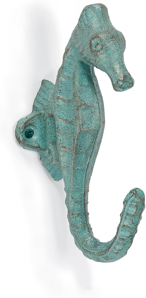 Abbott Collection Cast Iron Seahorse Wall Hook, Light Green (5" H)