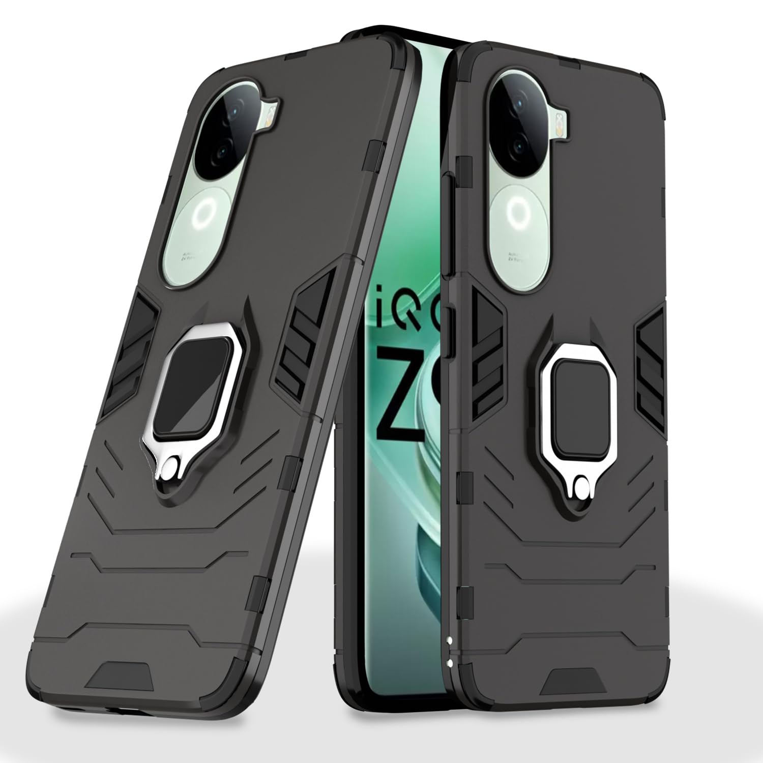 Pikkme D5 Tough Armor Bumper Case | 360 Protection Case | Ring Holder Stand Back Cover for iQOO Z9s 5G / Vivo V40e 5G (Black)
