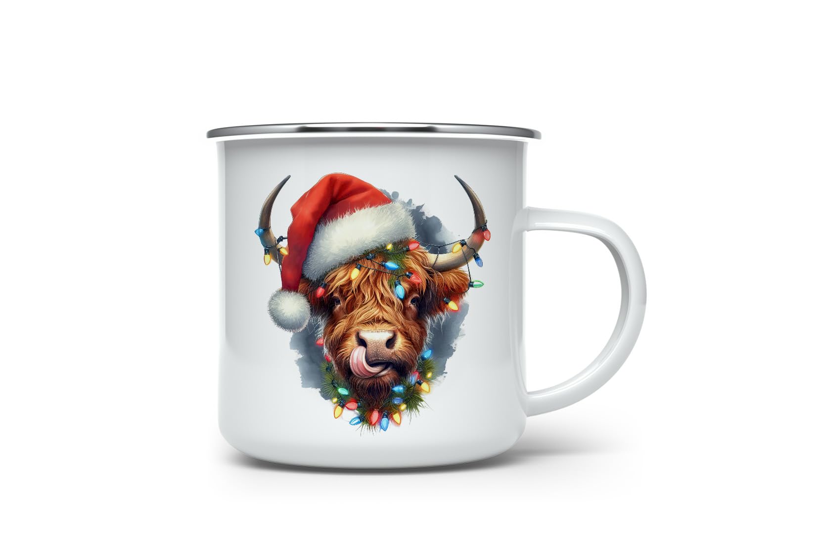 MAXIKIWI - Durable Enamel Coffee or Tea Camping Mug for Indoor Outdoor Use - Christmas Highland Cow - 350ml