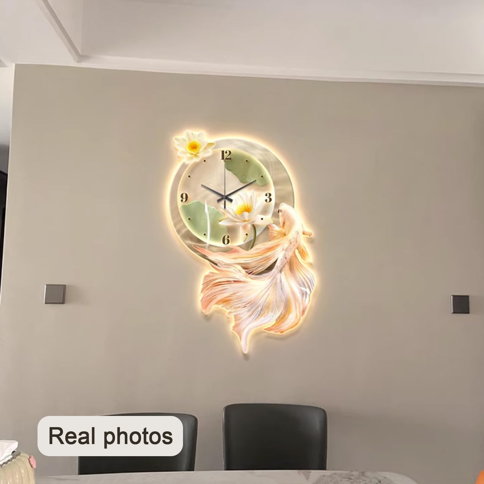 Orologio da parete 3D con luce LED, motivo pesce koi, decorazione orientale per la casa, soggiorno e camera da letto