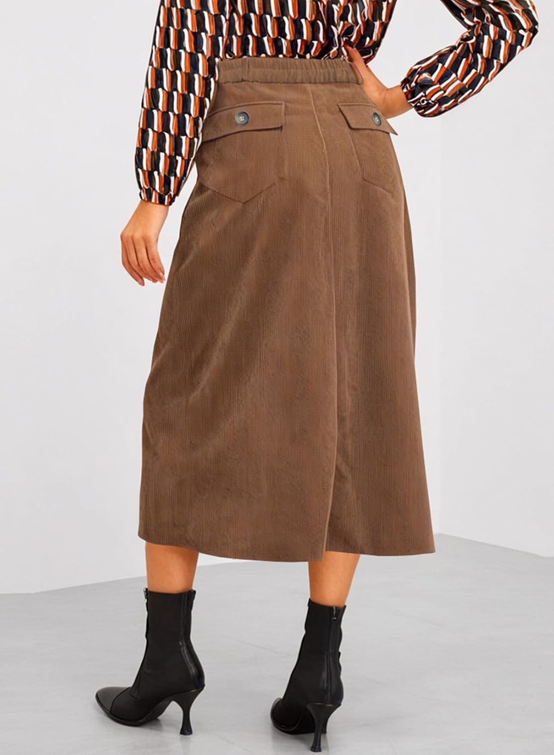 Happy Sailed Womens Corduroy Skirts Casual Dressy High Waist A Line Split Midi Skirt with Pockets - Image 3