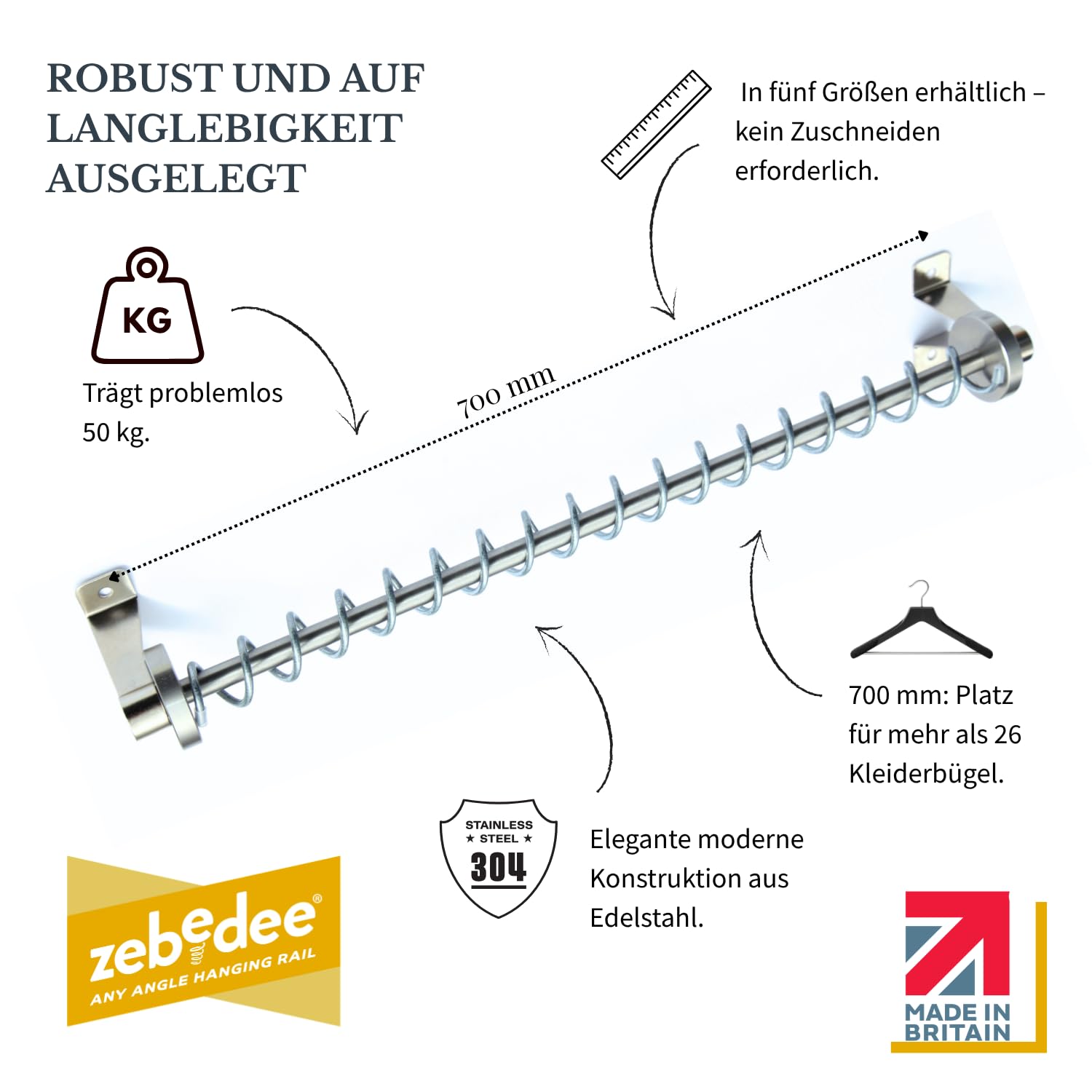 Zebedee Any Angle – Geneigte Kleiderstange für schräge Schlafzimmerschränke im Dachgeschoss, unter Dachvorsprüngen, schräge Dachdecken, Stauraum unter Treppen (700 mm)