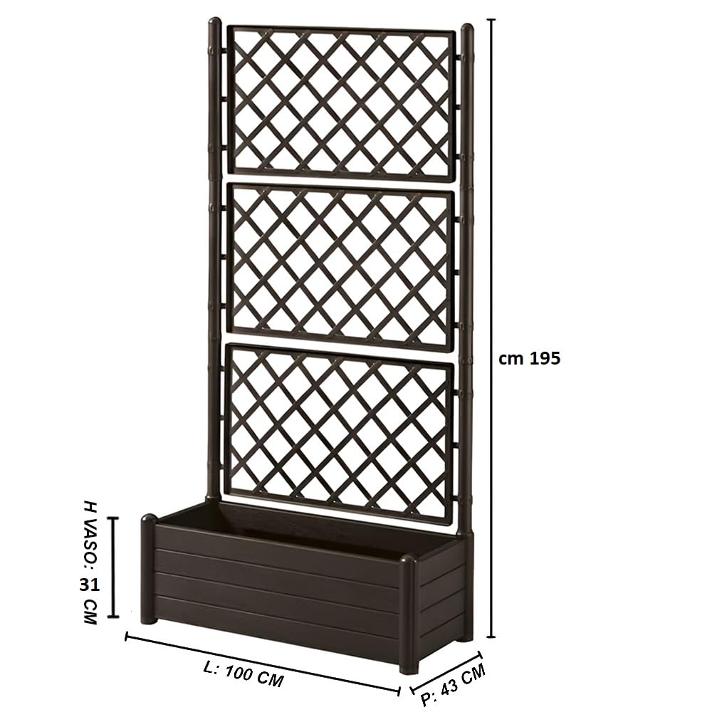 Fioriera Moka con vaso rettangolare cm 100x43 o vaso quadrato 43x43 e Spalliera Grigliata separe' alta cm 195 graticola rampicante per piante e fiori per Esterni Giardini (rettangolare 100x43 cm)