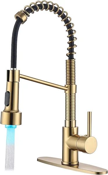 Kmeino LED Kitchen Faucet with Pull Down Sprayer, Spring Kitchen Faucet Brushed Gold Dual Function Sprayer Lead-Free Solid Brass Kitchen Sink Faucet Champagne Bronze RV Faucet with Deck Plate