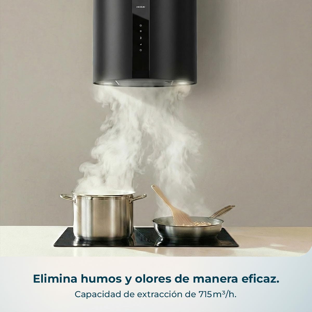 Cecotec Campana Extractora Redonda de Pared 35 cm Bolero Flux DRT 358000 Black A++. Acabado en Negro, Succión 715 m³/h, 2 Velocidades + Función Booster, Filtros de Carbono, Clase A++, Control Táctil