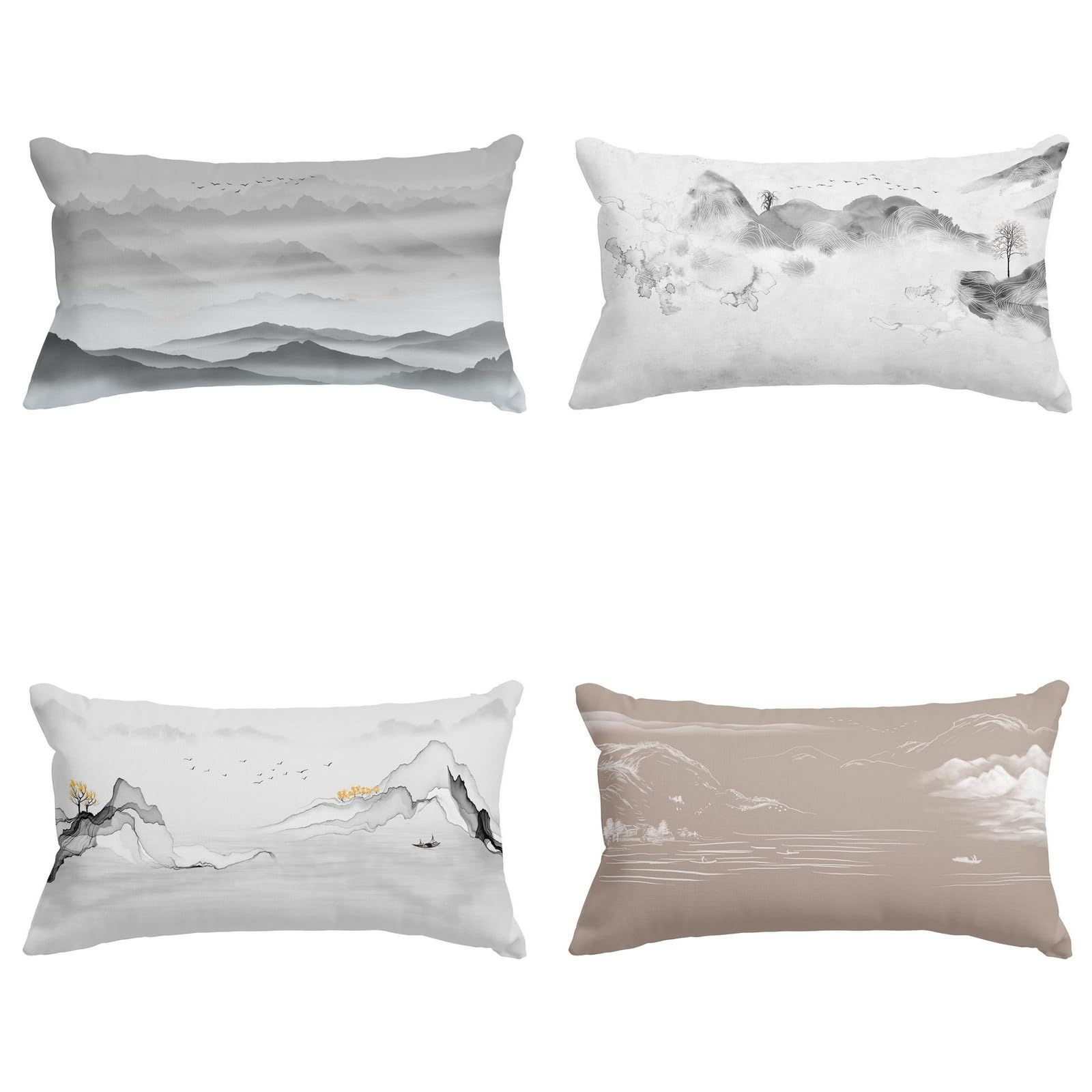 Housse de coussin rectangulaire 50x75 jardin motif peinture feng shui chinoise lot de 4