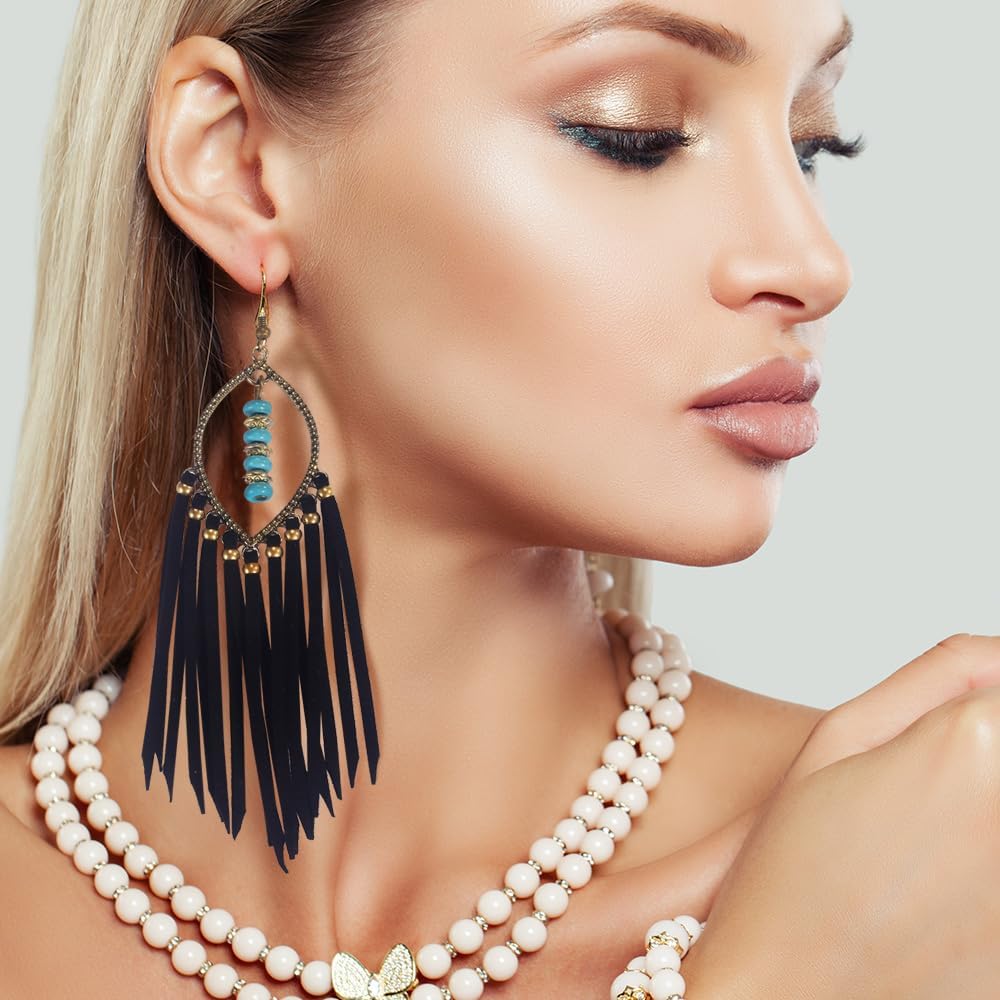Long Bohemian Fringe Leather Earrrings Handmade Tassel Earrings with Turquoise Christmas Long Dangle Earrings for Women rodeo jewelry - Image 6
