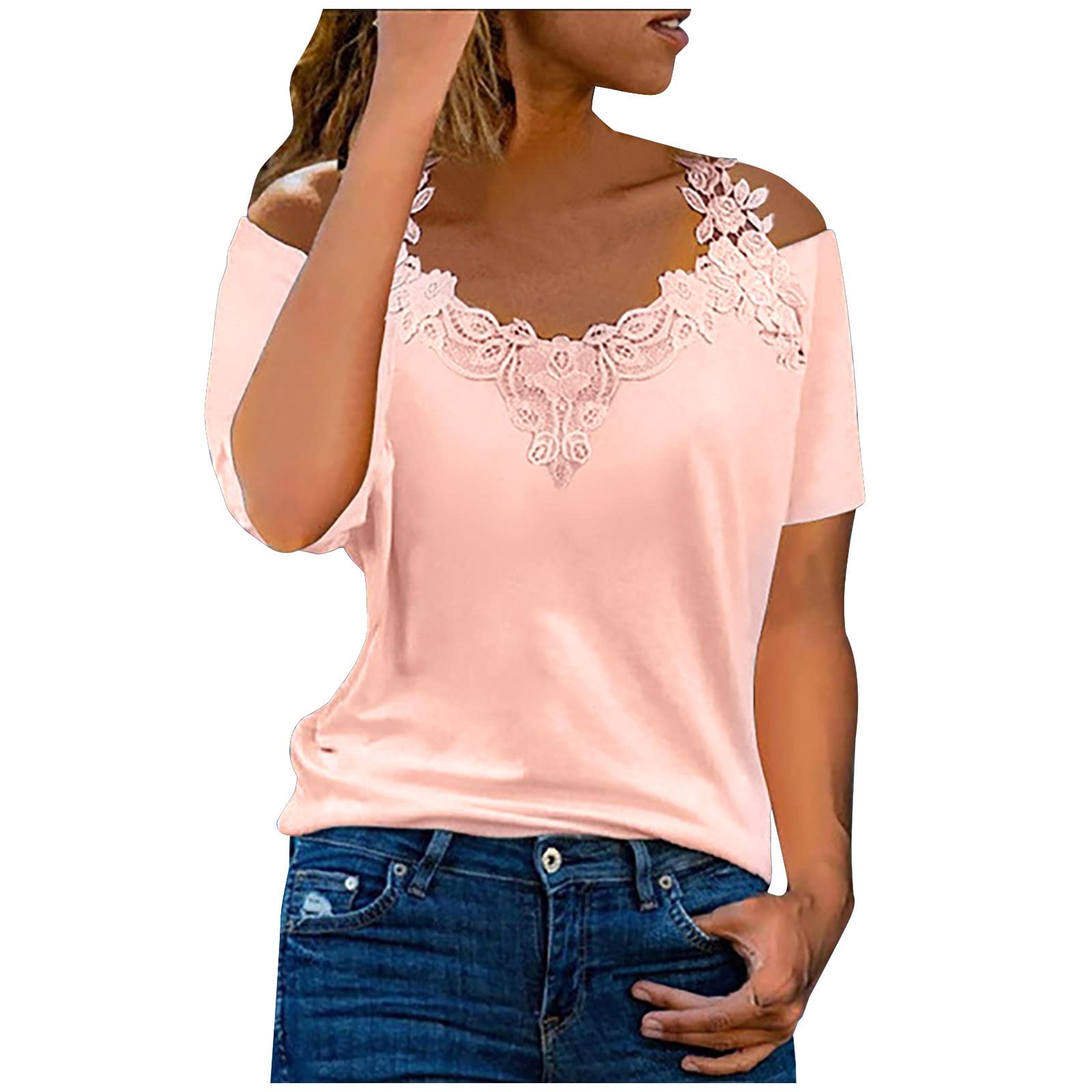 NUSGEAR 2023 Camiseta Manga Corta Mujer Verano Moda Color sólido Encaje Blusa camisa un hombro Cuello en V basica Elegante Suelto Tops Casual Sexy fiesta T-Shirt original Tee Talla grande