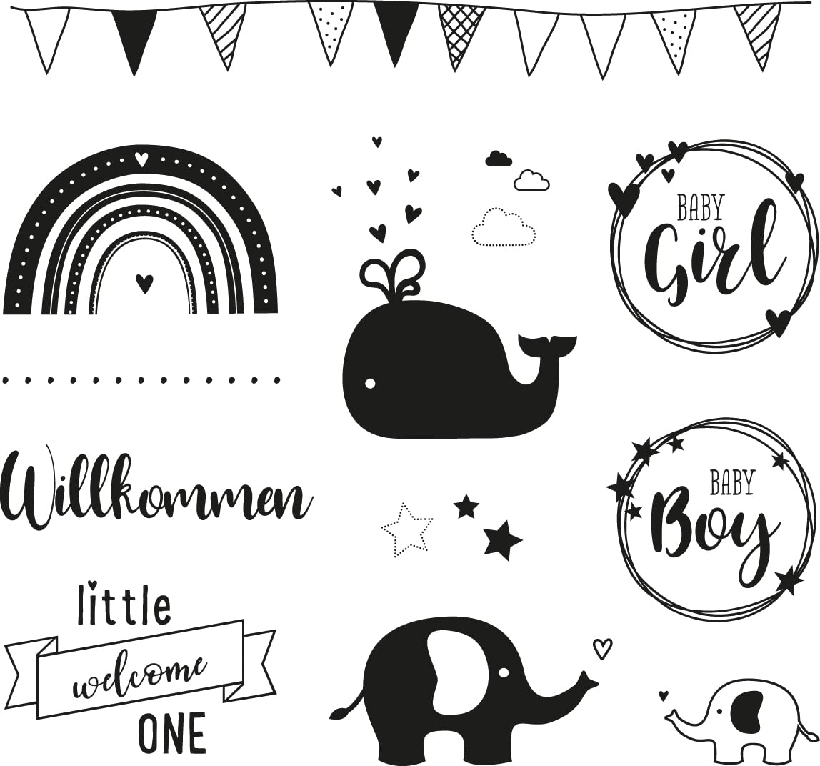 Rayher Set of 12 Clear Silicone Stamps for Card Making and Crafting Stamps with Baby Phrases, Elephant and Rainbow Designs - Image 3
