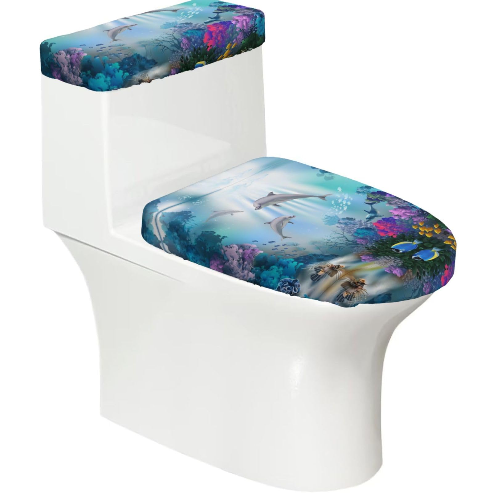 Blue Ocean Underwater Fish 2-Piece Toilet Seat Cover Set with Tank Lid - Elastic for U-Shape & Elongated - Bathroom Decor