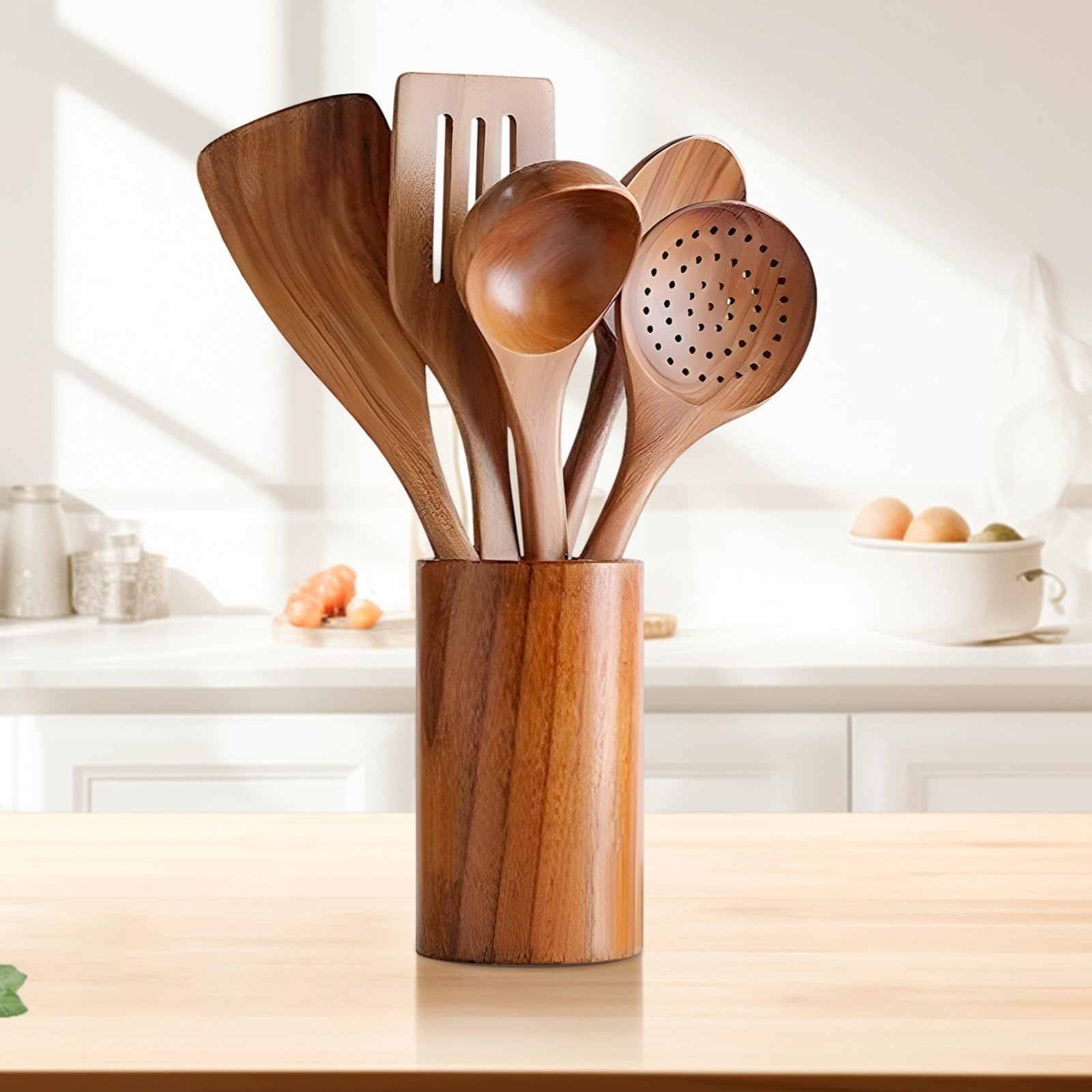 6-teiliges Küchenhelfer-Set aus Holz, hochwertige Teak-Utensilien für Küchengrundlagen, Kochen mit langem Griff-Design, antihaftbeschichtet