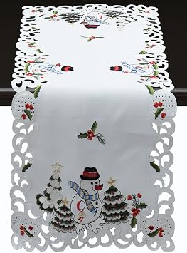 Creative Linens Holiday Embroidered Snowman and Christmas Tree Table Runner 15x34 Dresser Scarf White