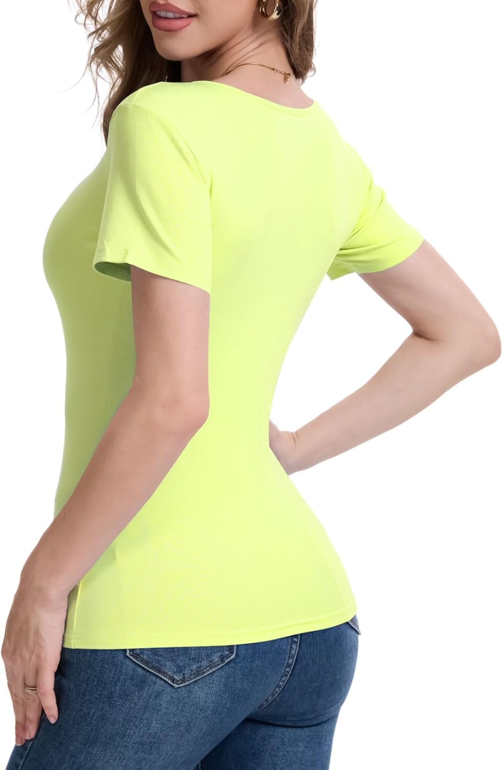 Women's Rayon Stretchy T Shirts Plain Summer V-Neck Basic Slim Fitted Short Sleeve Tees (S- XXL) - Image 5