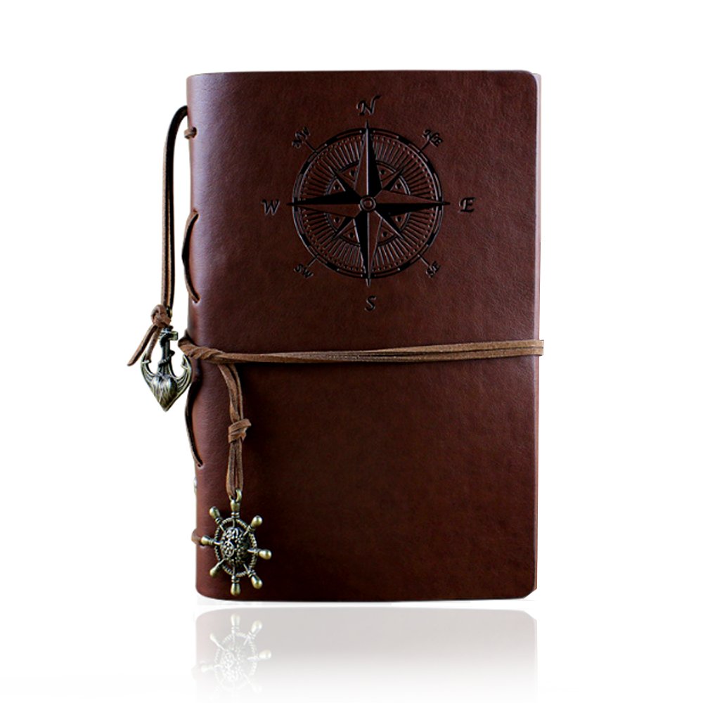 Juliell Leather Journal Notebook, Vintage Pirate Nautical Spiral Blank Dairy Notepad for Adults & Children with Blank Pages and Retro Pendants (M, Deep Brown)