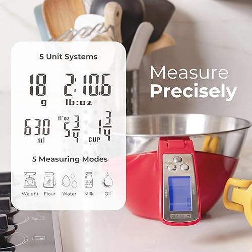 Miniatura 9 de Fradel Báscula digital de cocina con cuenco (extraíble) y taza medidora, acero inoxidable, luz de fondo, capacidad de 11 libras, para cocinar,