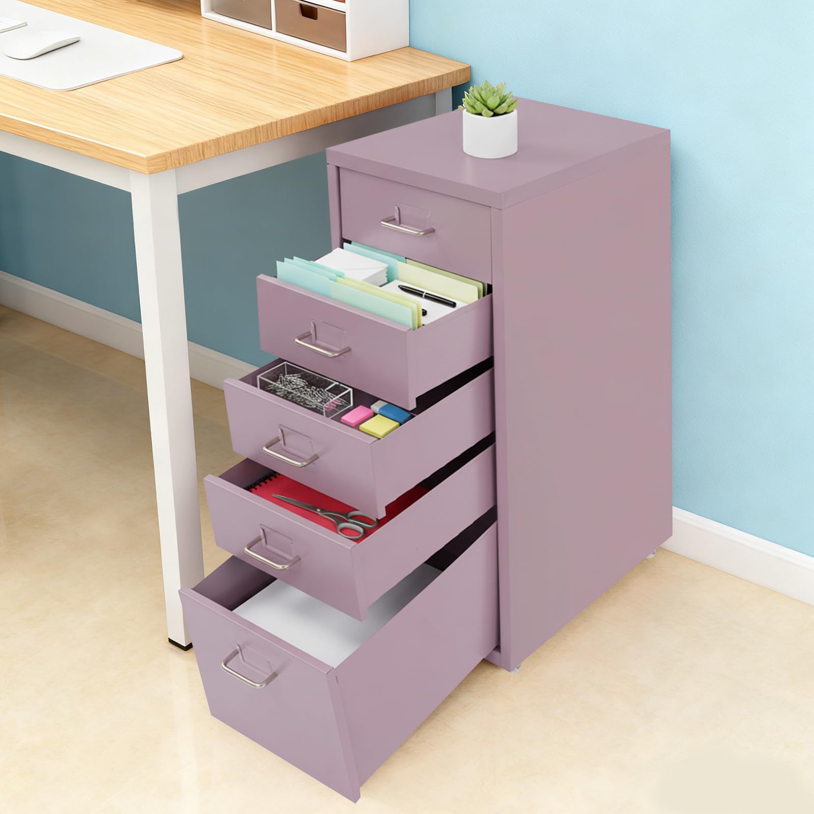 41 x 28 x 69 cm - Meuble de rangement mobile avec 5 tiroirs - Armoire en métal - Armoire de bureau avec 4 roulettes - Organisateur de documents - Conteneur de rangement pour bureau, bureau