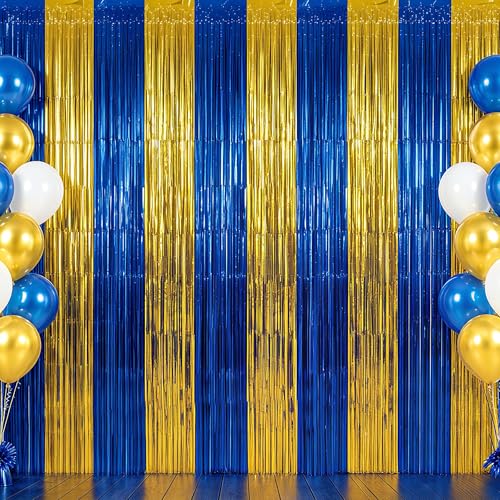 Image of TONIFUL Blue and Gold Fringe Backdrop Curtain 2026 Graduation Party 2Pcs 3.3 x 6.6ft Metallic Tinsel Foil Fringe Photo Booth Backdrop Door Streamers for 2026 Prom Birthday Retirement Party Decorations