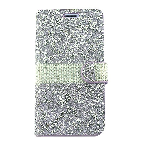 For Samsung Galaxy J3 (2018), J3 Achieve, J3 Star, Express Prime3, Amp Prime3, J3/J3V 3rd Gen SM-J337 - Crystal Diamond Flip Wallet Case + Tempered Glass Screen Protector - Purple/Glitter