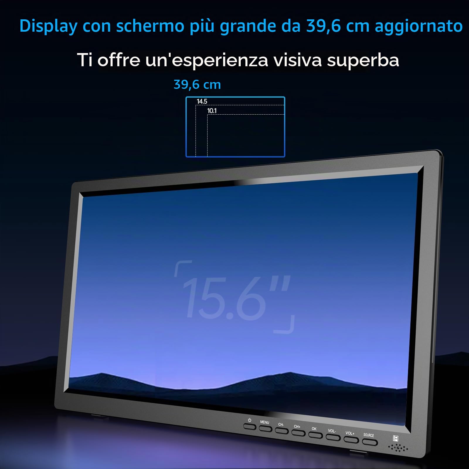 Desobry Televisore Portatile 15,6 Pollici HD 1080P - TV da Campeggio con Batteria 3000mAh, Sintonizzatore DVB-T2, HDMI/USB/AV - Per Camper, Giardino