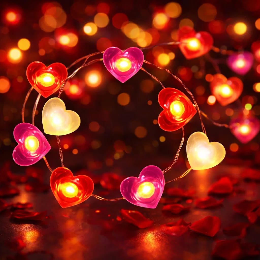 LED Lichterkette Herzen, 1.5M 20LED Valentinstag Lichterkette mit Rosa, Weiß, Rotes Herz, Lichterketten Batterie für Innen Valentinstag Dekoration Hochzeit