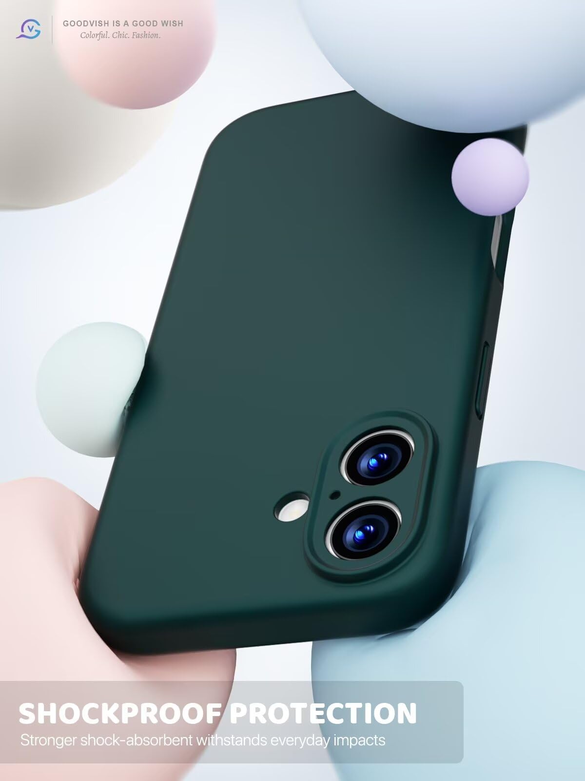 GOODVISH 3 in 1 Silicone Cover per iPhone 16 6.1", Custodia con 2 Pellicola Vetro Temperato [Protezione Fotocamera] 360° Protezione Anticaduta Case per Cellulare Antiurto Resistente, Verde Scuro