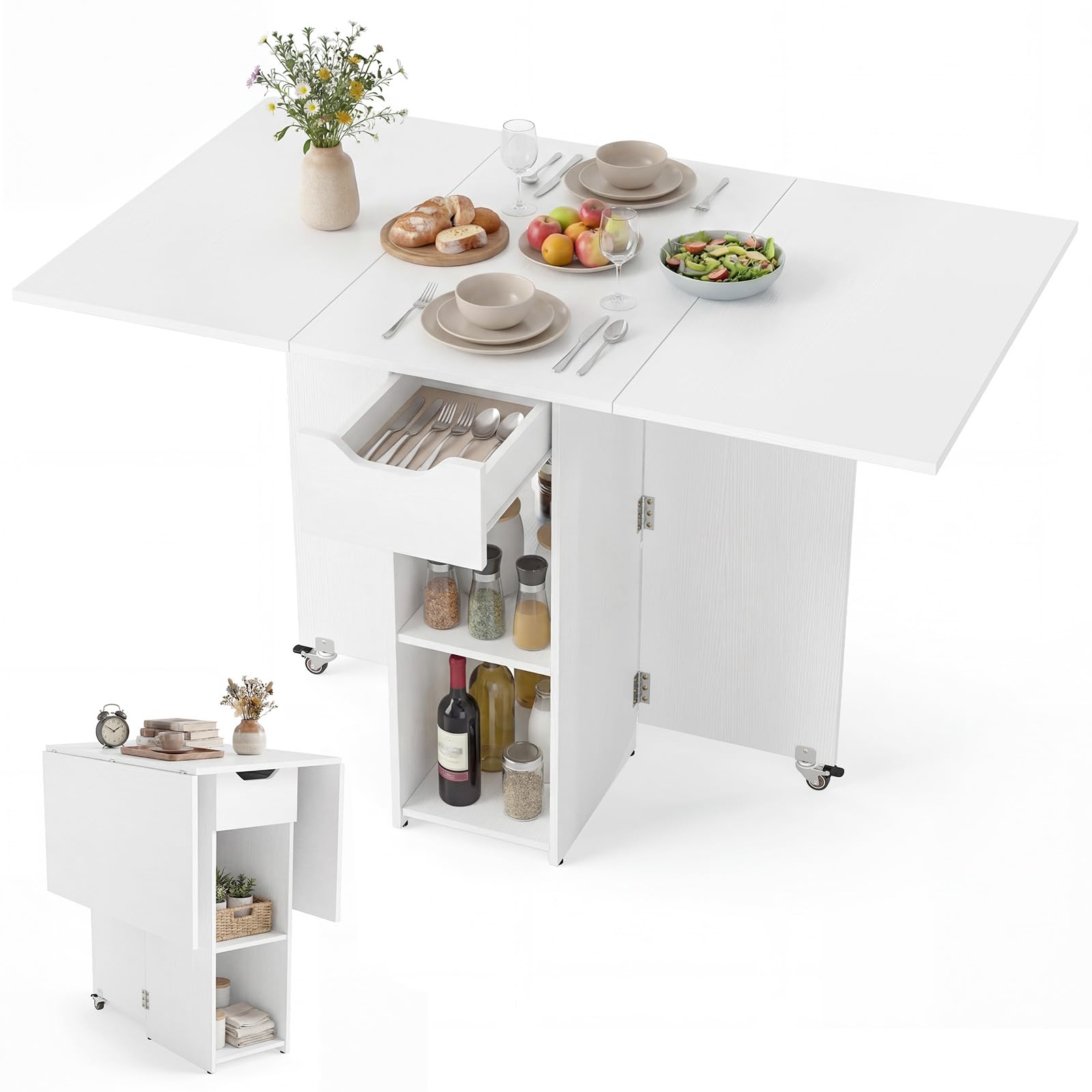 GIANTEX Składany stół kuchenny, składany stół do jadalni, mały, mobilny stół kuchenny z 2 kółkami, 120 x 72 x 75 cm, stół do jadalni dla 4-6 osób, rozkładany stół do małych pomieszczeń, drewniany stół