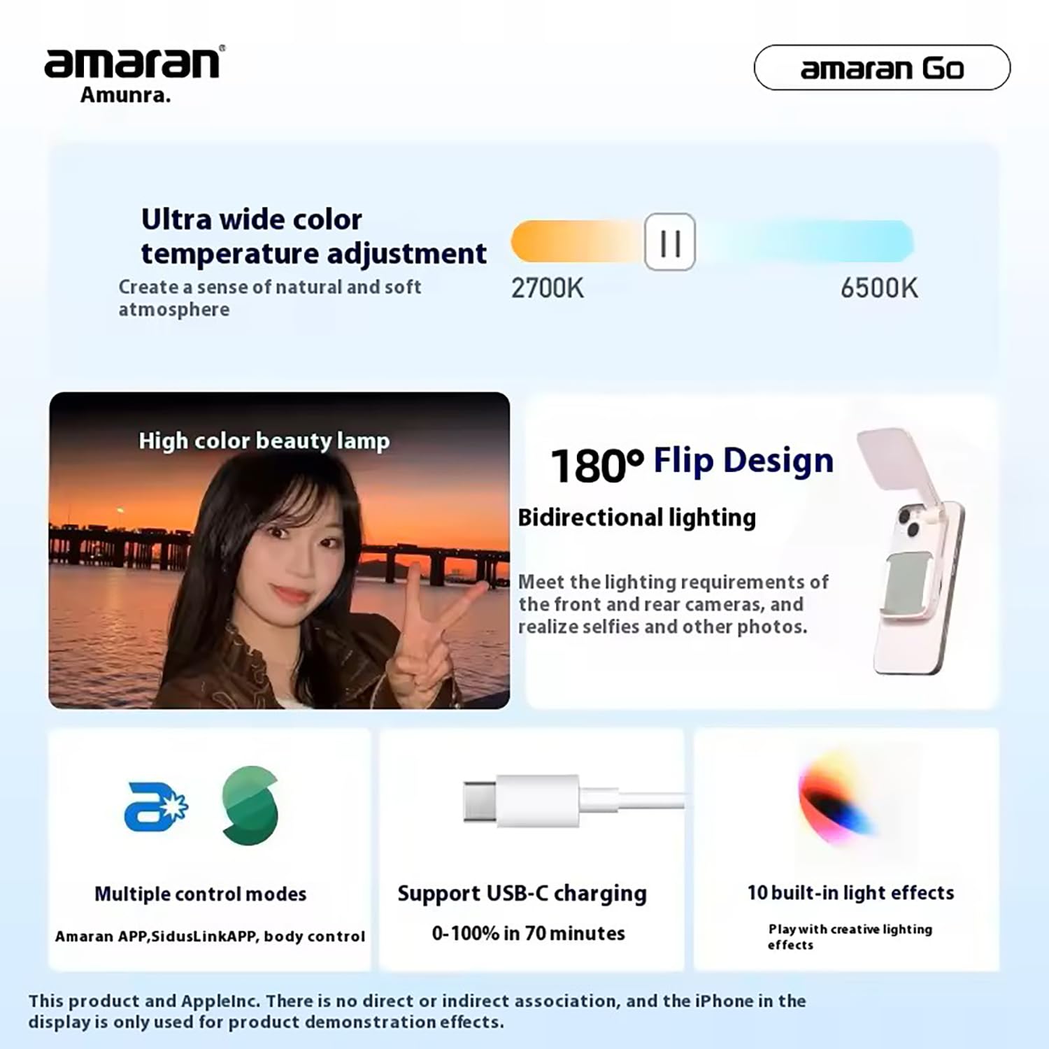 Amaran Go - Luce magnetica per telefono per selfie, doppia sorgente luminosa LED con specchio regolabile CCT 2700K-6500K, ricaricabile per selfie, trucco, videoconferenze, TikTok, per iPhone e Android