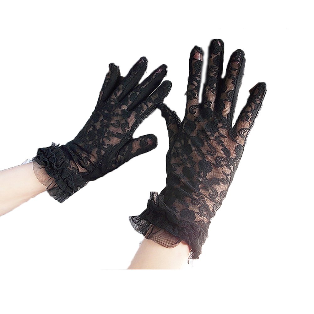URSFUR Summer Sun UV Protection Outdoor Anti-skid Lace Driving Evening Gloves - black with small flower