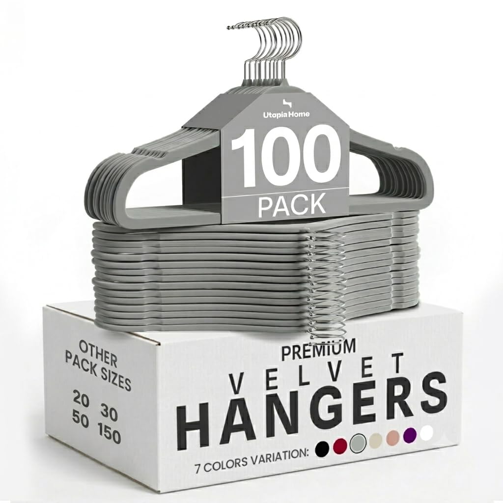Utopia Home Velvet Coat Hangers - Adult, Heavy Duty, Non-Slip - 360° Swivel Hook, Grey - Pack of 100