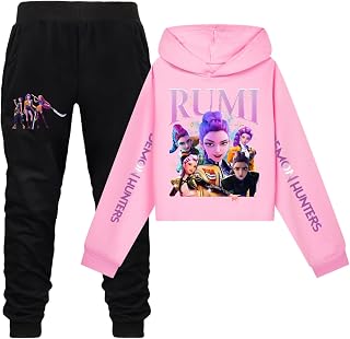 Girls 2 Piece Kpop Outfits Casual Cartoon Graphic Long Sleeve Hoodies and Sweatpants Tracksuit Fashion Clothing Sets