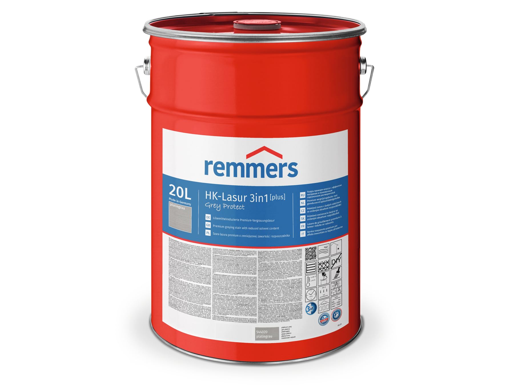 Remmers HK-Lasur 3 en 1 Grey Protect [plus] gris platino mate, 20 L, barniz gris premium reducido con disolventes para exteriores, 3 en 1, secado rápido, duradero