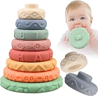 miawow 8 Pcs Stacking Rings Soft Toys for Babies Newborn 0 3 4 5 6 12 18 Months 1 Year Old Girls Boys - Toddler Sensory Educational Montessori Baby Blocks - Infant Development Teething Learning Tower