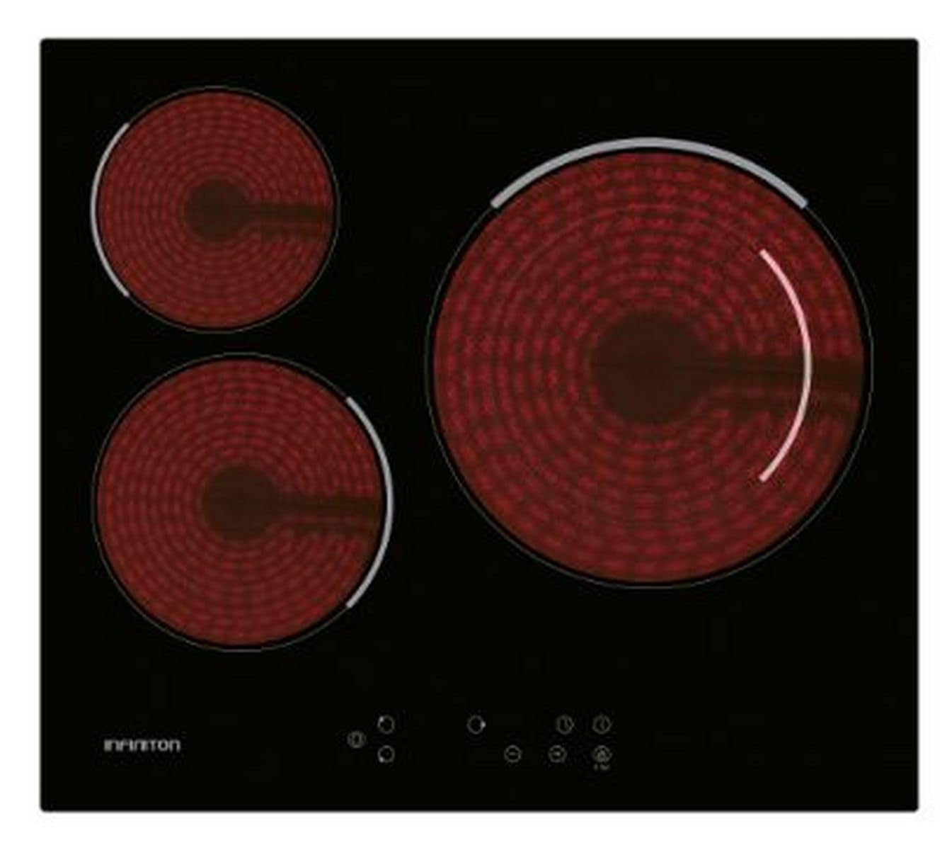 INFINITON - Placa, 3 Zonas, 9 Niveles de potencia, Modo Boost, Control táctil, Luz calor residual, Bloqueo intantíl (VITRO-A35F | Vitroceramica 3 Fuegos)