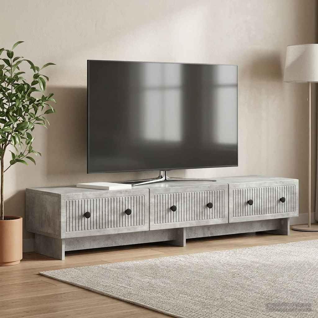 Szafka pod telewizor, betonowa, szara, 147 x 34,5 x 30 cm, materiał drewnopochodny, meble telewizyjne, konsola telewizyjna z 3 szufladami, zarządzanie kablami, miejsce do przechowywania