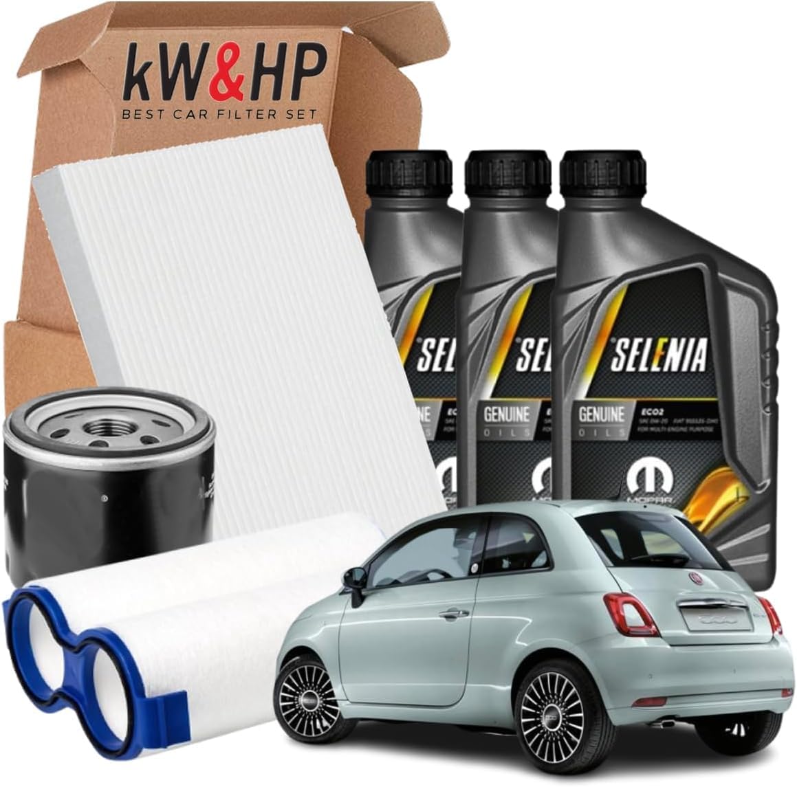 KIT TAGLIANDO 3 FILTRI + 3 LITRI OLIO MOTORE ORIGINALE 0W-20 COMPATIBILE CON 500 1.0 HYBRID IBRIDA (ver.2)