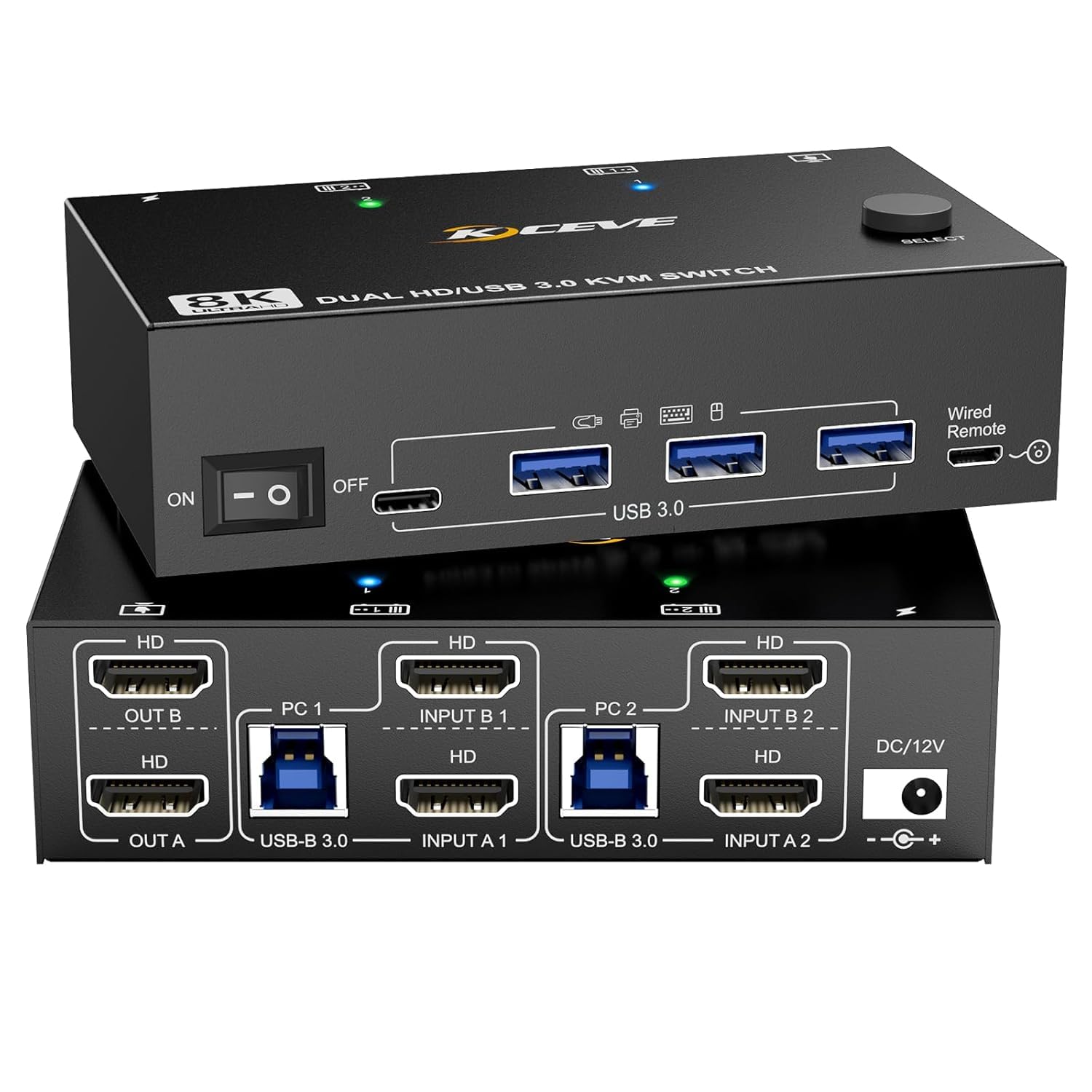 Commutateur KVM 8K@60Hz 4K@120Hz 2 PCs 2 moniteurs, commutateur KVM HDMI double moniteur avec 4 ports USB 3.0, télécommande filaire et câbles USB 3.0 inclus