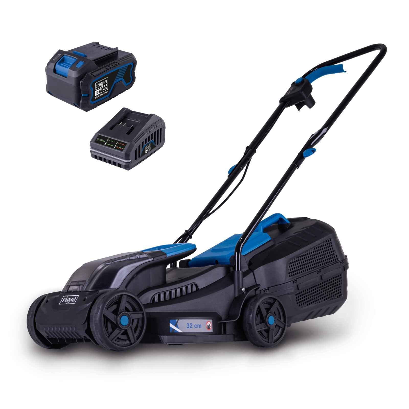 Scheppach Tondeuse à Gazon sans Fil BC-MP320-X 20V Brushless 32cm 250-300 m2 20-60mm Bac 30L Batterie 4Ah Chargeur 2,4A