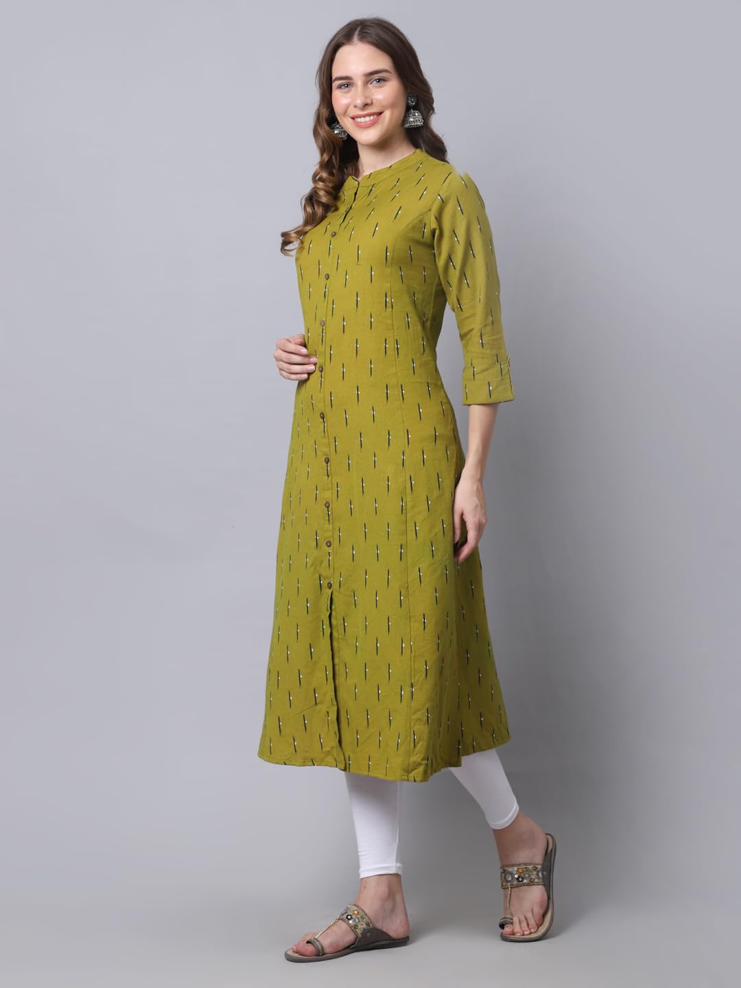 Pistaa's Women's Cotton Regular Printed Kurta Green,Regular Fit,L 2