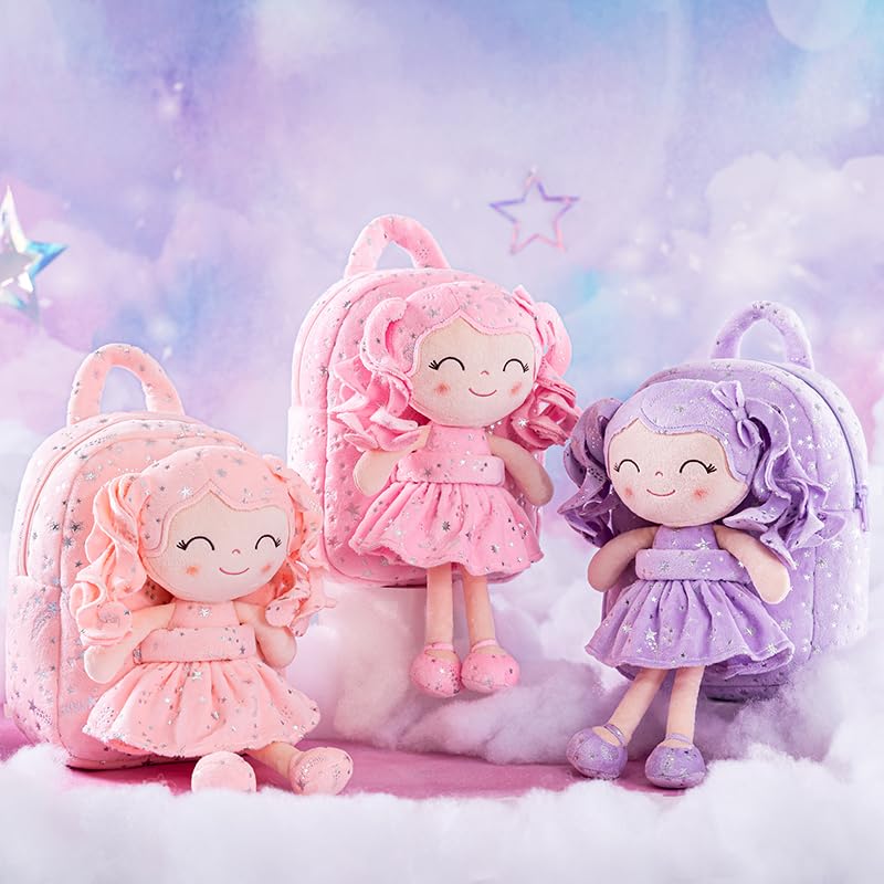 Image of Gloveleya Girls Toddler Backpack - Baby Girl Gift Plush Bag, Diaper Bag, Glitter Pink Dress Curly Hair Doll 9 Inches - Starry Sky Edition