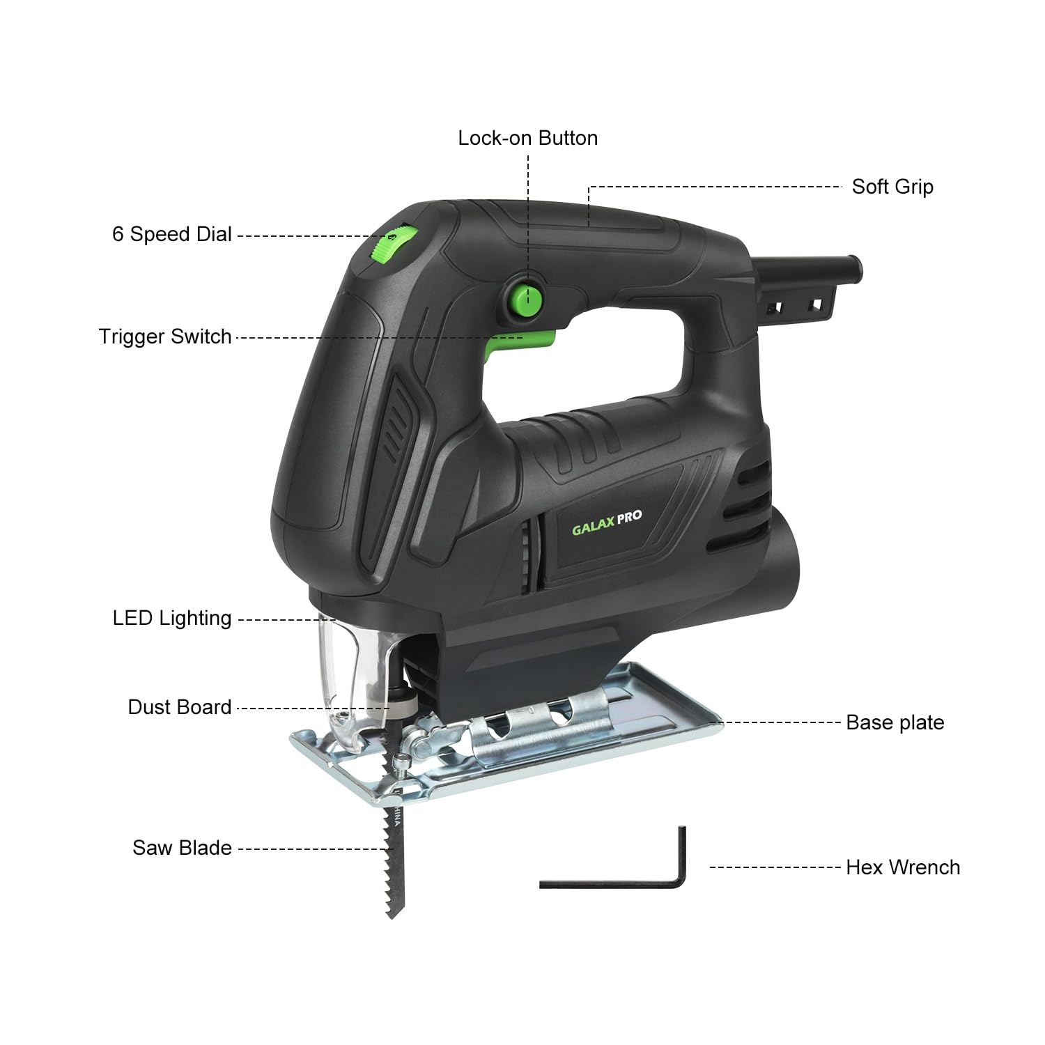 GALAX PRO 500W Seghetto Alternativo,Velocità Variabile 3000 Giri/Minuto per Taglio Legno,6 Velocità Regolabili Seghetto Alternativo Elettrico con Luce LED,Angolo di Inclinazione Regolabile da ±45 °
