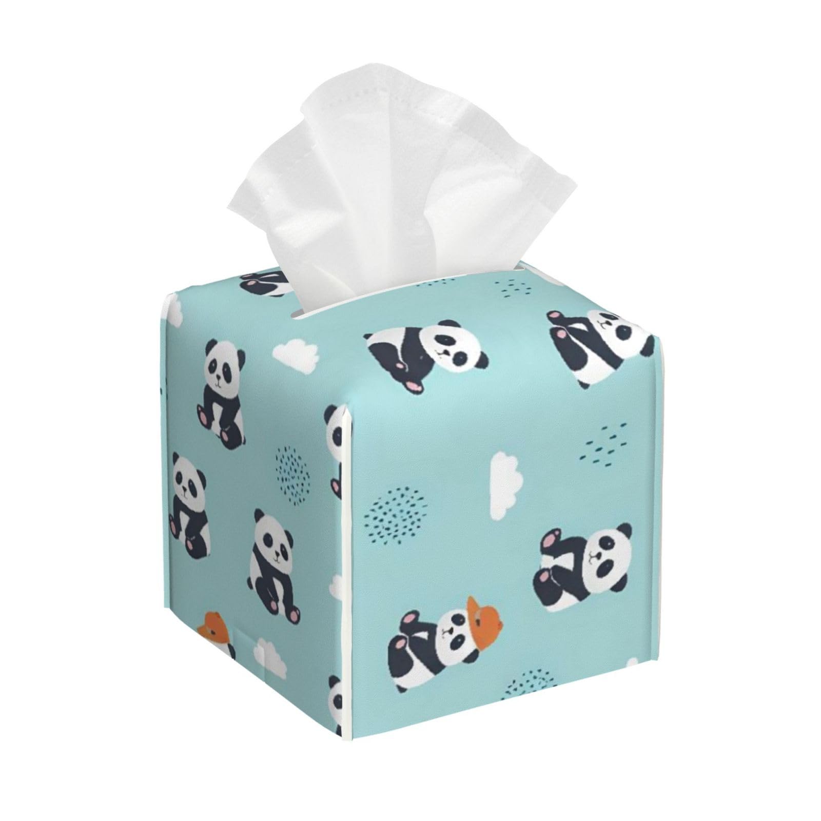 Panda Blue Leather Tissue Box Cover Holder Square Facial Paper Organizer 5.2" X 5.2" X 5.2"