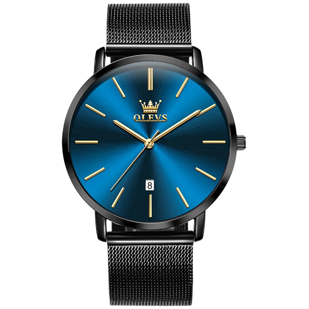 OLEVS Minimalistische Herren-Armbanduhr, ultradünn, modisch, lässig, analog, Quarz, Datum, wasserdicht, schmal, einfach, großes Zifferblatt, Armbanduhr mit Retro-Lederband für Herren