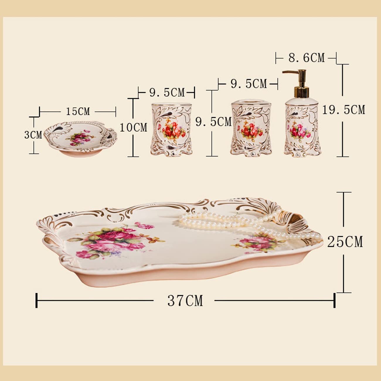 Set di Accessori per Il Bagno, Kit di Decorazioni per Piano di Lavoro in Ceramica squisita, 5 Pezzi Include Dispenser per lozioni, portaspazzolino, 2 Bicchieri, portasap
