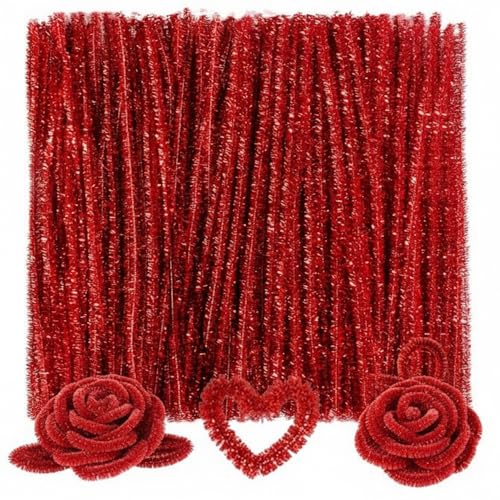 Image of Caydo 200 Pieces Glitter Red Pipe Cleaners | Thick Fluffy Chenille Stems, Pipe Cleaner Crafts for Arts & Crafts, Perfect for Making Animals, Flowers, and Home Dec