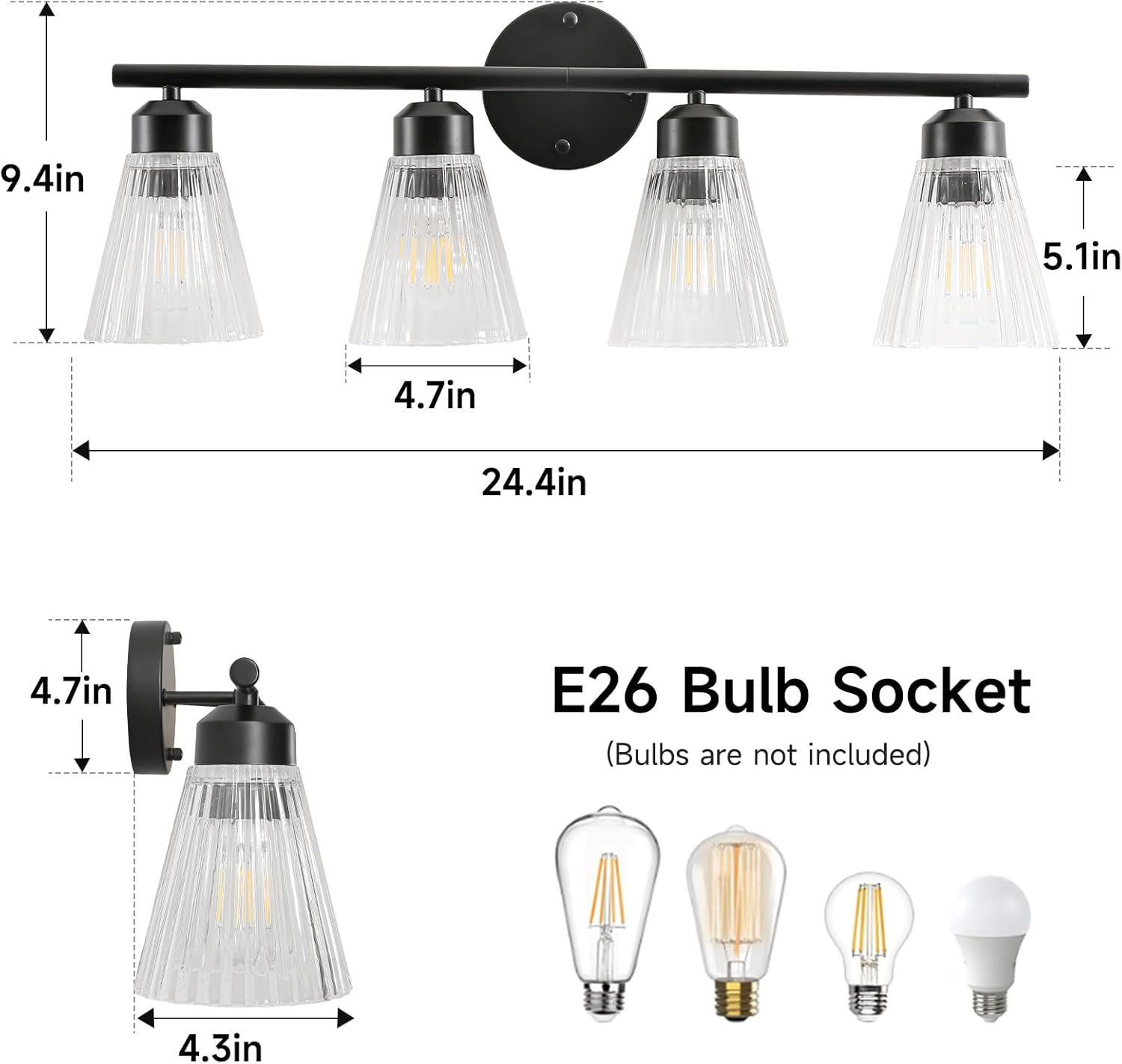 4-Light Bathroom Vanity Light, Matte Black Bathroom Light Fixtures Over Mirror with Stripe Glass, Modern Wall Lamp, Black Wall Sconces for Living Room Bedroom Kitchen Hallway