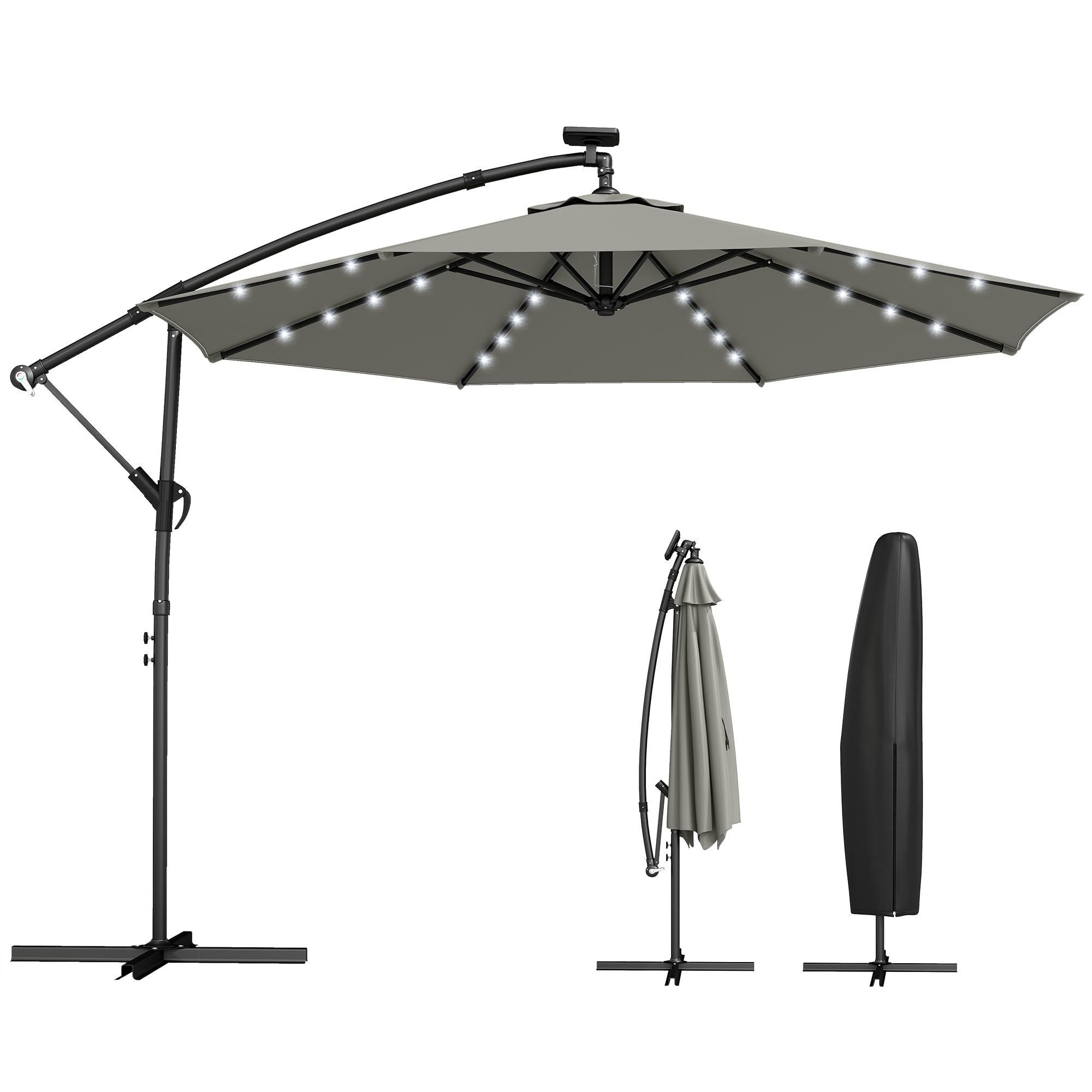 Outsunny 9.7 ft Cantilever Patio Umbrella with Solar LED Light, Cover, Round Offset Hanging Outdoor Umbrella Parasol with Tilt and Crank Handle image 6