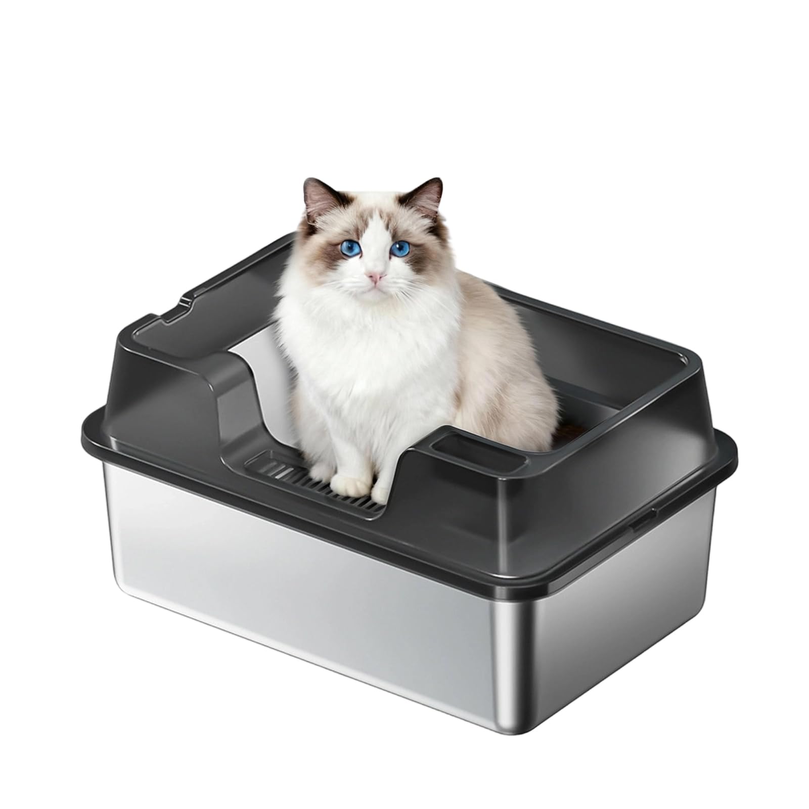 Semi-Enclosed Stainless Steel Cat Litter Box, Odor Free Stainless Steel Litter Tray Enclosure for Big Cats, High Sided Anti-Leak & Non-Stick
