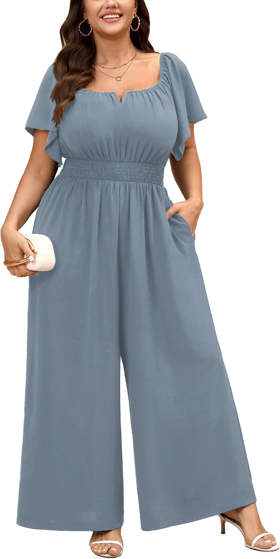 Women's Plus Size Jumpsuits Square Neck Dressy Casual Wide Leg Long Pant Romper One Piece Outfits With Pockets