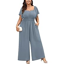 SCOMCHIC Womens Plus Size Jumpsuits Square Neck Dressy Casual Wide Leg Long Pant Romper One Piece Outfits With Pockets