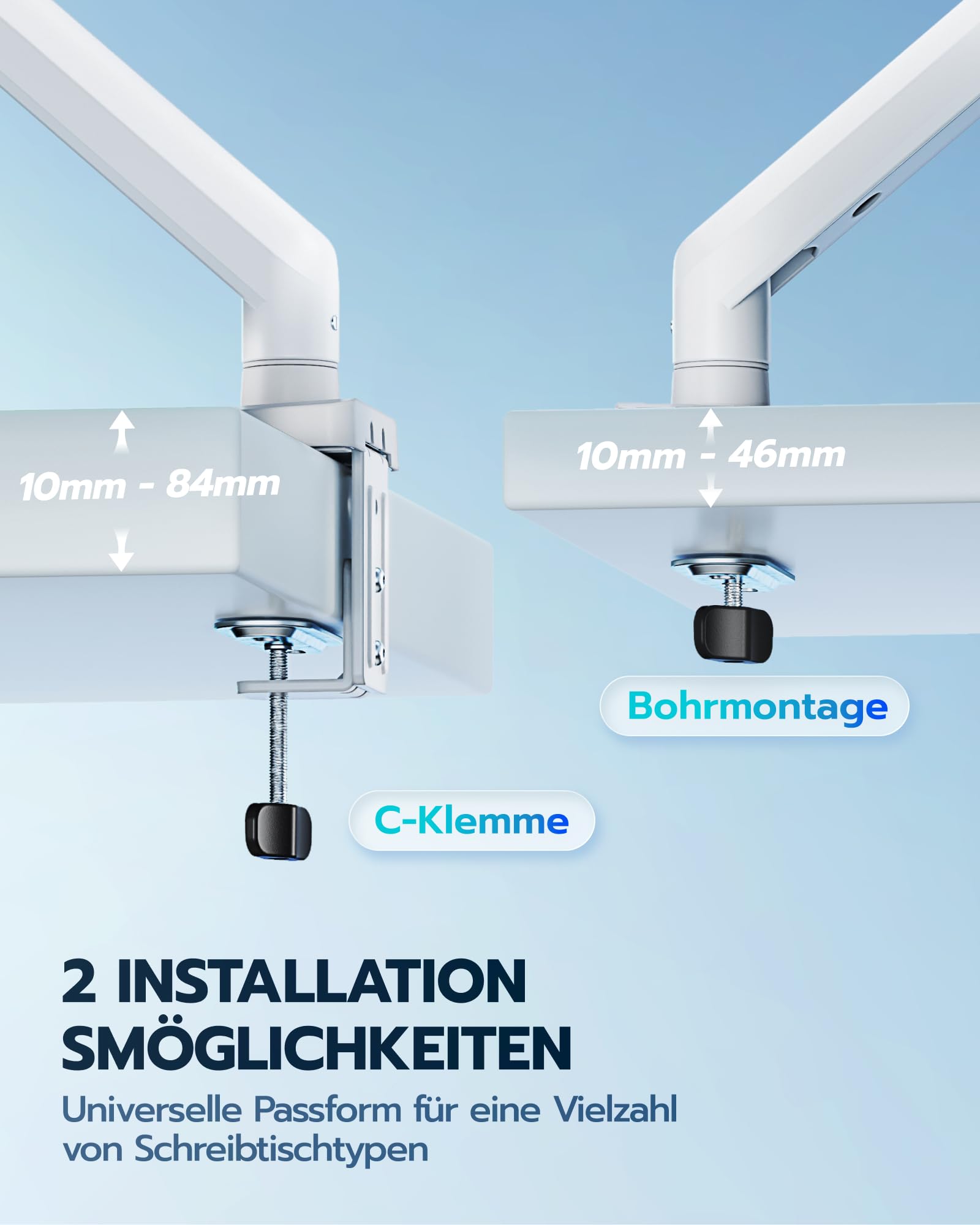 ARES WING Monitor Halterung für 17"-40" Flach Curved Bildschirm, Höhenverstellbar Bildschirmhalterung, Monitor Arm Tragfähigkeit Max 12 kg, 75/100mm Vesa-Halterung, Weiß